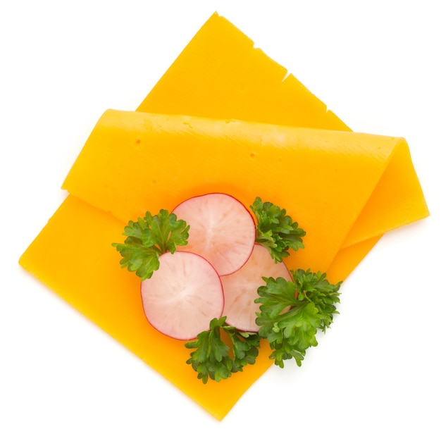 Cheddar cheese slice isolated on the white background.