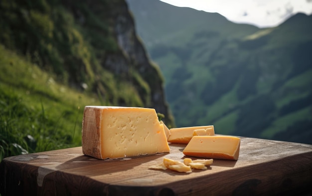 cheddar cheese on a wooden cutting board with mountains in the background ai generated