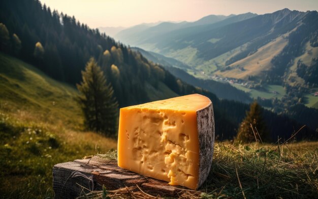 cheddar cheese on a wooden cutting board with mountains in the background ai generated