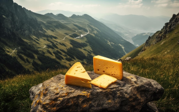 cheddar cheese on a wooden cutting board with mountains in the background ai generated