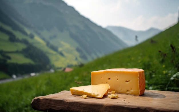 Photo cheddar cheese on a wooden cutting board with mountains in the background ai generated