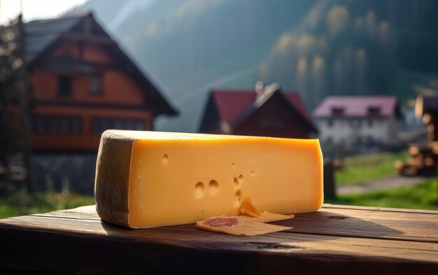 Photo cheddar cheese on a wooden table with decorative elements craft cheese ai generated