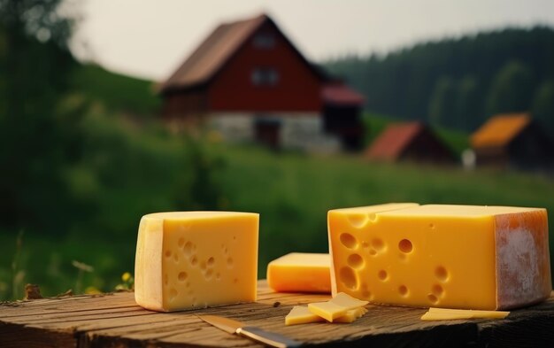 Foto cheddarkaas op een houten tafel met decoratieve elementen ambachtelijke kaas ai gegenereerd