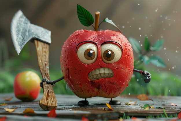Photo cheeky red apple character with big eyes wielding an axe