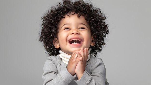 Photo a cheerful 2yearold toddler with curly hair is indulging laughing smiling holding hi generative ai