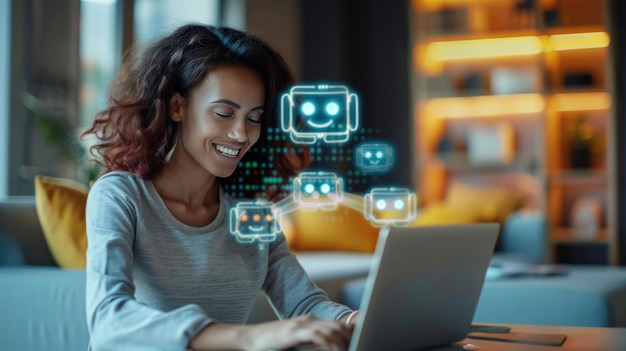 Веселая 3D-анимация изображает молодую женщину, общаясь с дружелюбными чат-ботами на экране своего ноутбука. Анимация подчеркивает современные коммуникационные технологии ИИ и человеческий аспект.