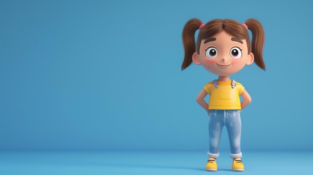 Фото Веселая 3d мультфильмная девушка с коричневыми волосами и синими глазами в желтой рубашке и синих джинсах стоит с руками на бедрах и улыбается