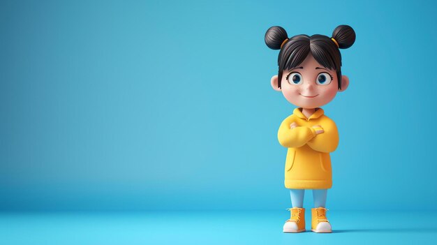 Photo cheerful 3d cartoon girl in a yellow hoodie standing with crossed arms against a blue background