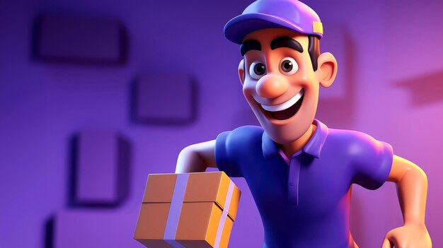 Cheerful 3d render cartoon character in postal delivery service with boxes