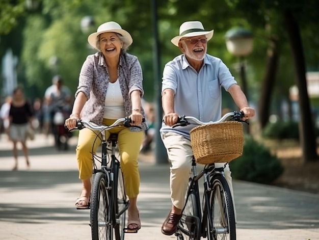 Cheerful active senior couple with bicycle in the park generated ia