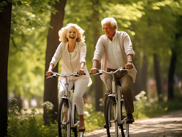 공원에서 자전거를 타고 있는 즐거운 활동적인 노인 부부는 ia를 생성했습니다.