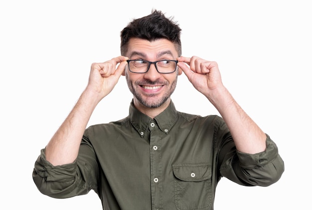 Cheerful adult employee man wear shirt portrait of man employee isolated on white background