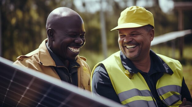 Photo cheerful adult male engineers in hardhats and waistcoats checking blueprint of construction plan on solar power farm