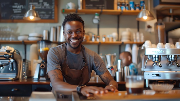 Foto barista afroamericano allegro che indossa un grembiule in piedi al bancone di un caffè proprietario di una piccola impresa