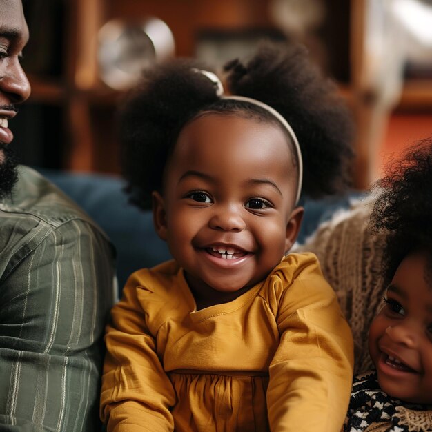 Cheerful african american family looking at camera while sitting on sofa at home