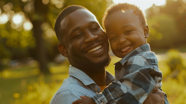 Cheerful African American father and son enjoying a sunny day in the park