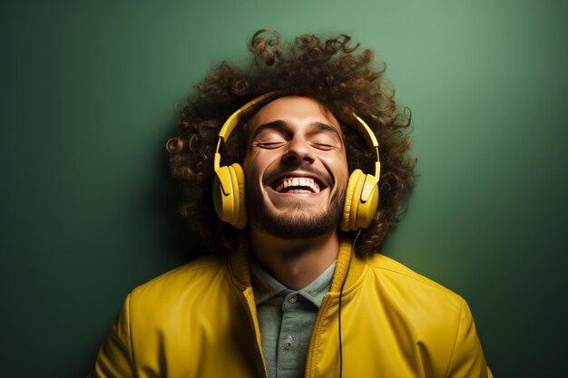 Cheerful african american guy in yellow jacket enjoying favorite playlist in headphones happy