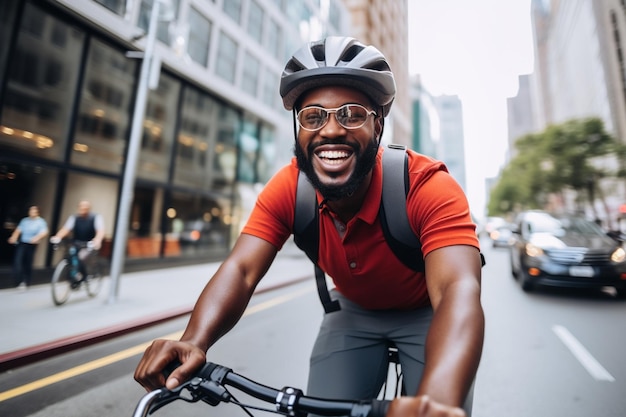 ヘルメットをかぶった陽気なアフリカ系アメリカ人男性が街で自転車に乗っています