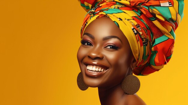 A cheerful african american woman in a bright headdress