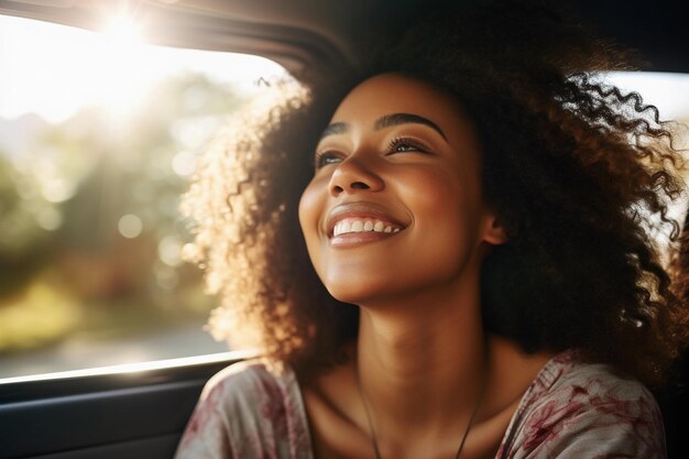 Cheerful African American woman leans out of the car window enjoying the sun