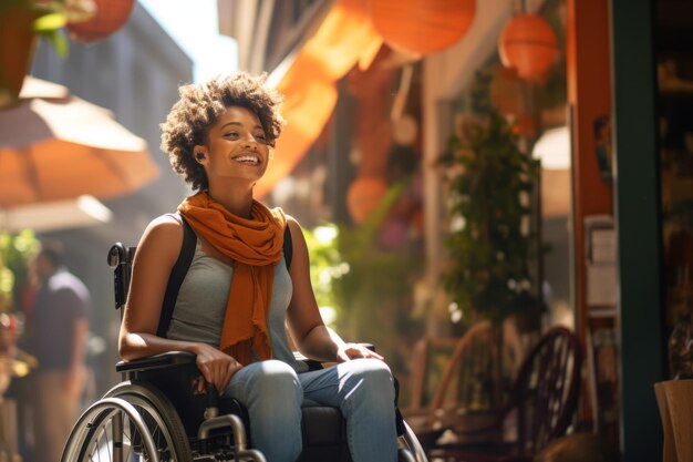 Веселая афроамериканка в инвалидной коляске