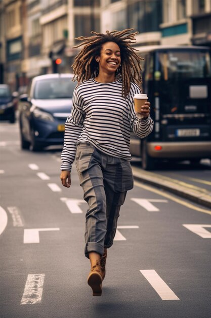 写真 路上でコーヒーをんでいてドレッドヘアを着た陽気なアフリカ系アメリカ人女性