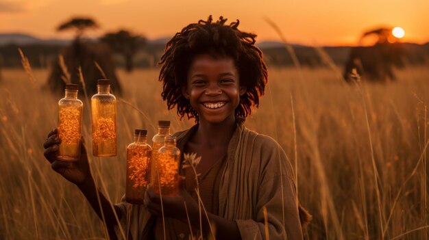 Cheerful african kid with a refreshing water bottle enjoying the moment of hydration