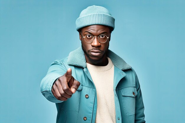 Cheerful african man wearing glasses jean jacket