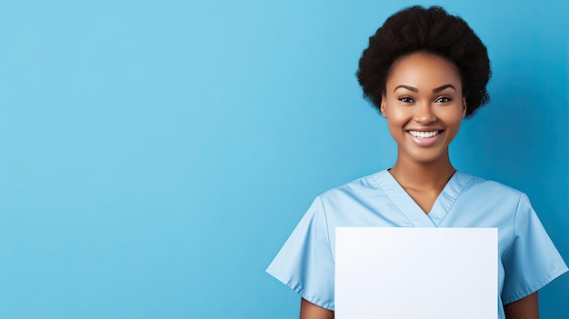 Cheerful African nurse with clipboard on blue studio background Medical professional beauty therapy banner