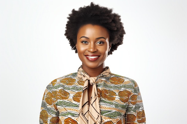 Cheerful African teacher in a patterned blouse on white background