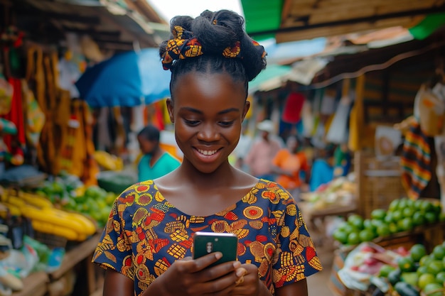 Cheerful African Woman Communicating on Mobile Phone in Colorful Cityscape