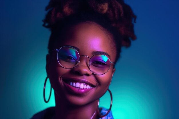 cheerful african woman in glasses posing looking away with smile over gradient blue purple backgroun