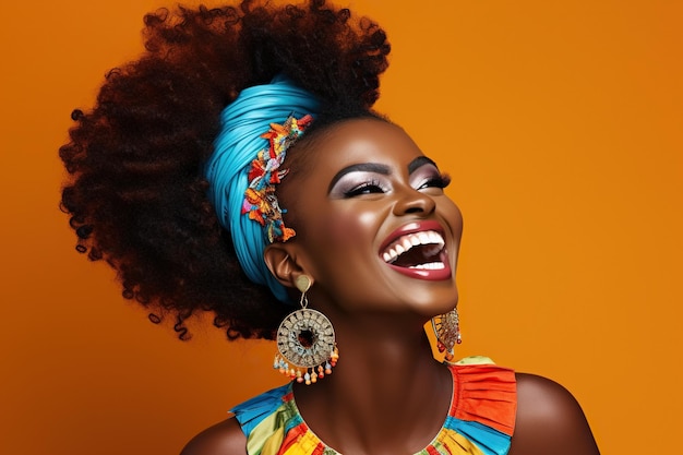 Cheerful African woman with makeup smiling in a studio