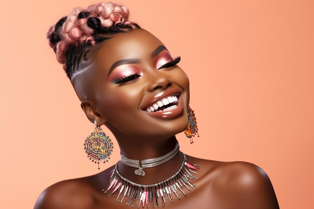 Cheerful African woman with makeup smiling in a studio