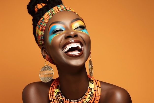 Cheerful african woman with makeup smiling in a studio