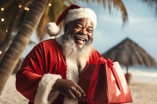 Веселый афроамериканский Санта-Клаус с подарком на тропическом пляже
