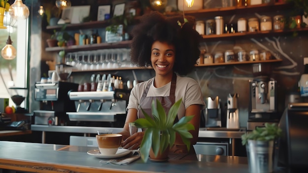 Photo cheerful afro barista leaning on counter at cafe small business owner concept