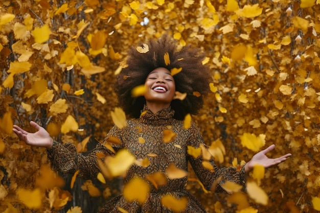 떨어지는 잎 사이에서 웃는 즐거운 아프로 여성
