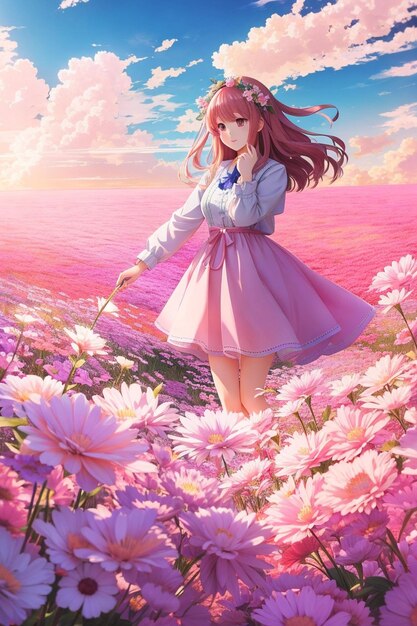 Photo cheerful anime teenage girl walking through a field of tulips