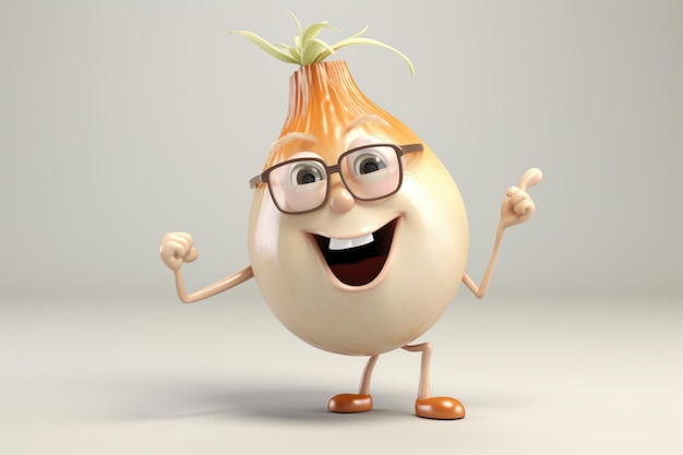 Photo a cheerful anthropomorphic onion character with glasses thumbs up and a big smile on a plain background