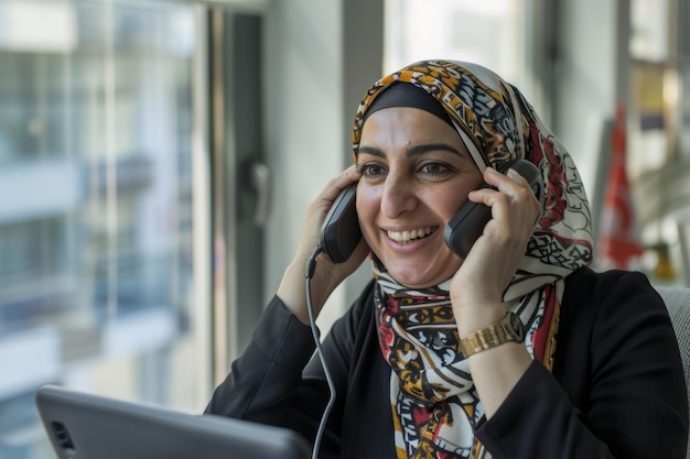 30대 중반의 쾌활한 아랍 사업가 여성이 이 고 현대적인 작업 공간에서 자신감과 전문성을 아내며 행복하게 전화로 대화합니다.