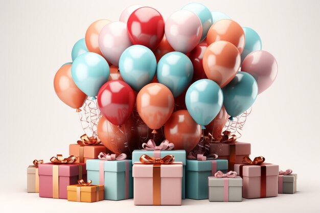 Cheerful arrangement of cartoon balloons and gift boxes Generative AI