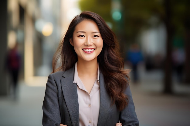 Cheerful Asian Businesswoman Holding Cellphone and Smiling at Camera