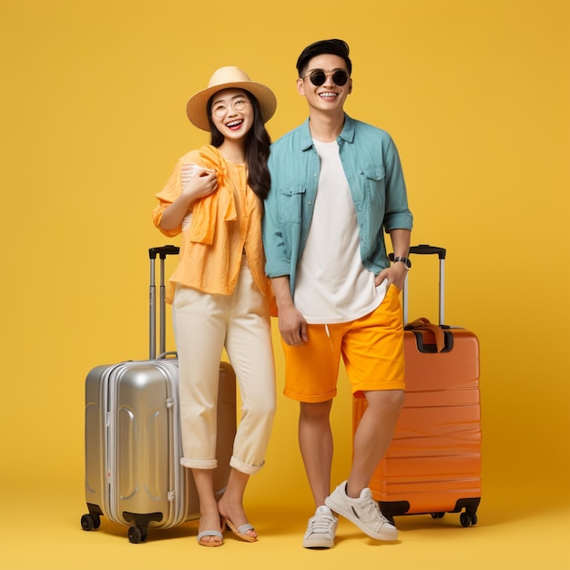 Cheerful asian couple tourists wearing summer clothes for traveling on plain background