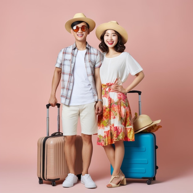 Cheerful asian couple tourists wearing summer clothes for traveling on plain background