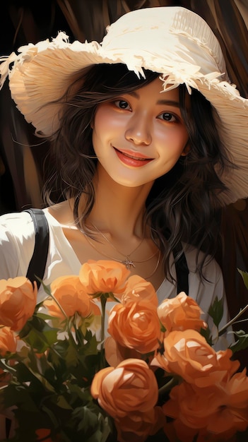 陽気なアジアの女の子が花を抱いて草の帽子をかぶっている 若い背景のイラスト