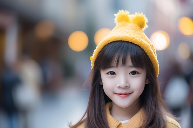 Cheerful asian girl wearing stylish hat with ample copy space for text and advertising