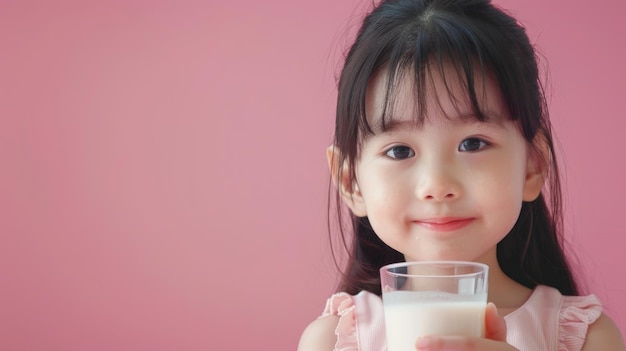 Cheerful Asian girl with soy milk promotes healthy lifestyle