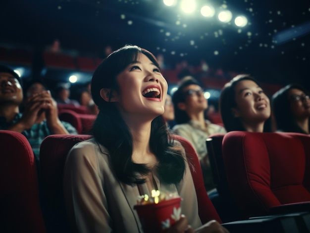 陽気なアジア人が映画館で映画を見ながら笑っている