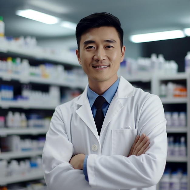 Cheerful Asian Pharmacist in White Coat Standing